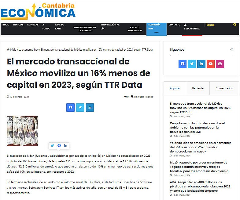 El mercado transaccional de Mxico moviliza un 16% menos de capital en 2023, segn TTR Data